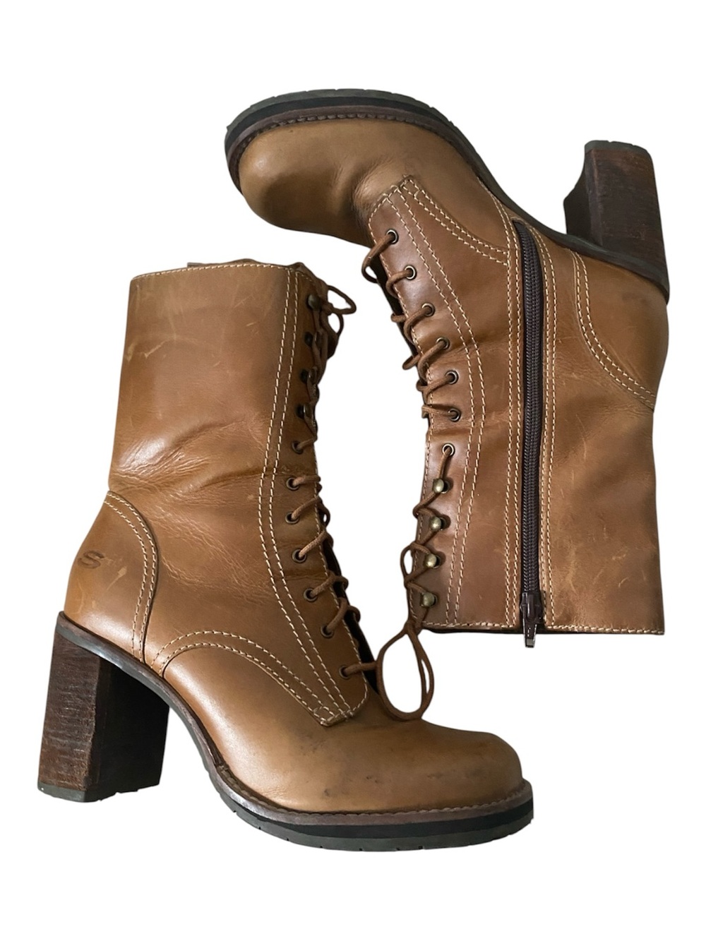 Vintage Sketchers Cognac Lace-Up Leather Block Heel Boots